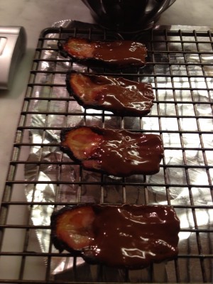 Maple cured chocolate covered bacon with nuts